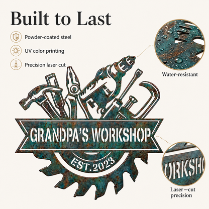 Custom Blue Rusty Workshop Metal Sign, Personalized Garage Tool Wall Decor, Grandpa Workshop Sign, Man Cave Gift, Optional LED — main 3