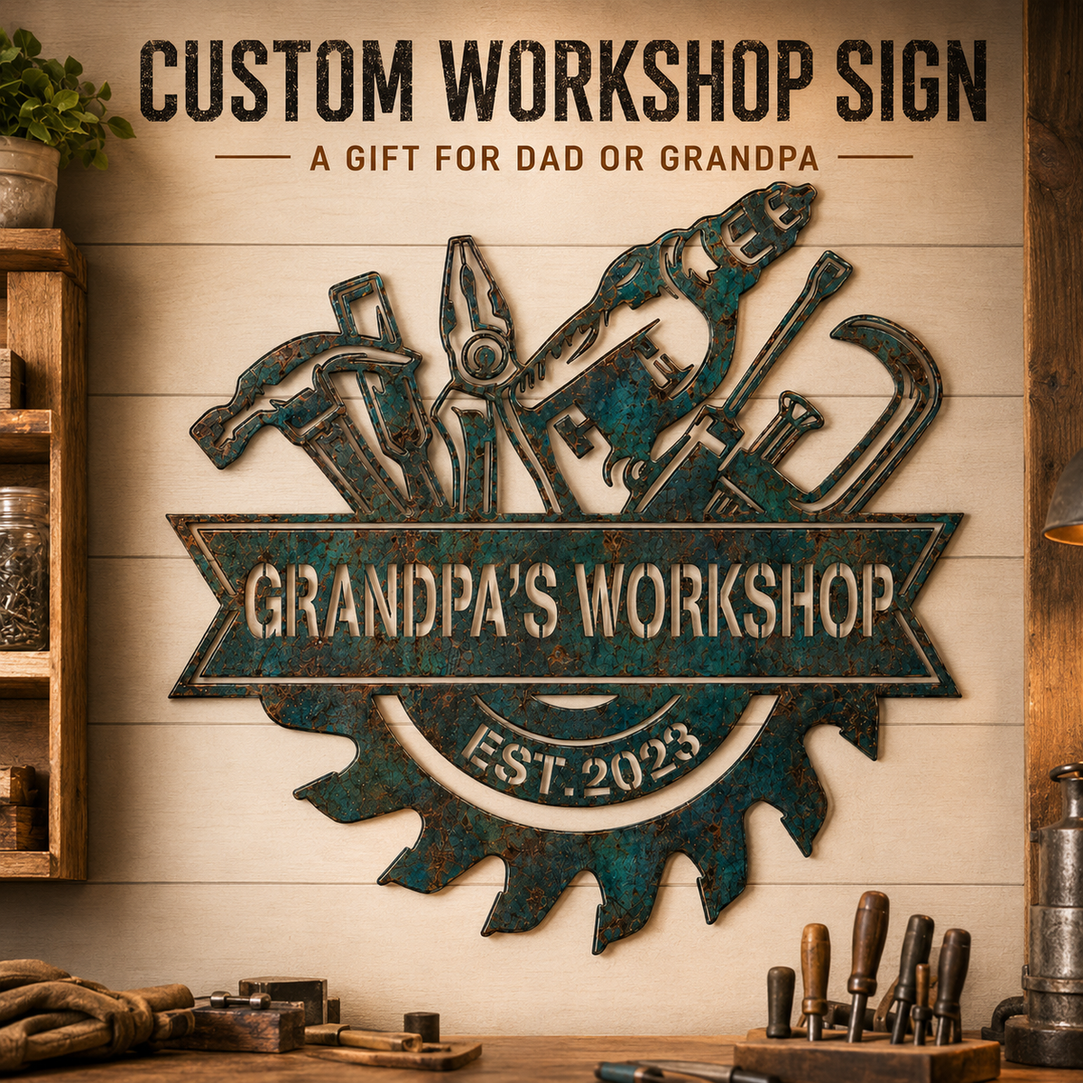 Custom Blue Rusty Workshop Metal Sign, Personalized Garage Tool Wall Decor, Grandpa Workshop Sign, Man Cave Gift, Optional LED — andy_11