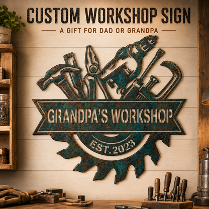 Custom Blue Rusty Workshop Metal Sign, Personalized Garage Tool Wall Decor, Grandpa Workshop Sign, Man Cave Gift, Optional LED — andy_11