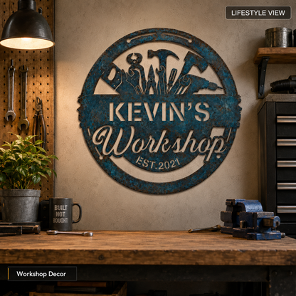Custom Blue Rust Workshop Metal Sign, Personalized Name Workshop Wall Decor, Rustic Garage Sign, Optional LED — Andy_12