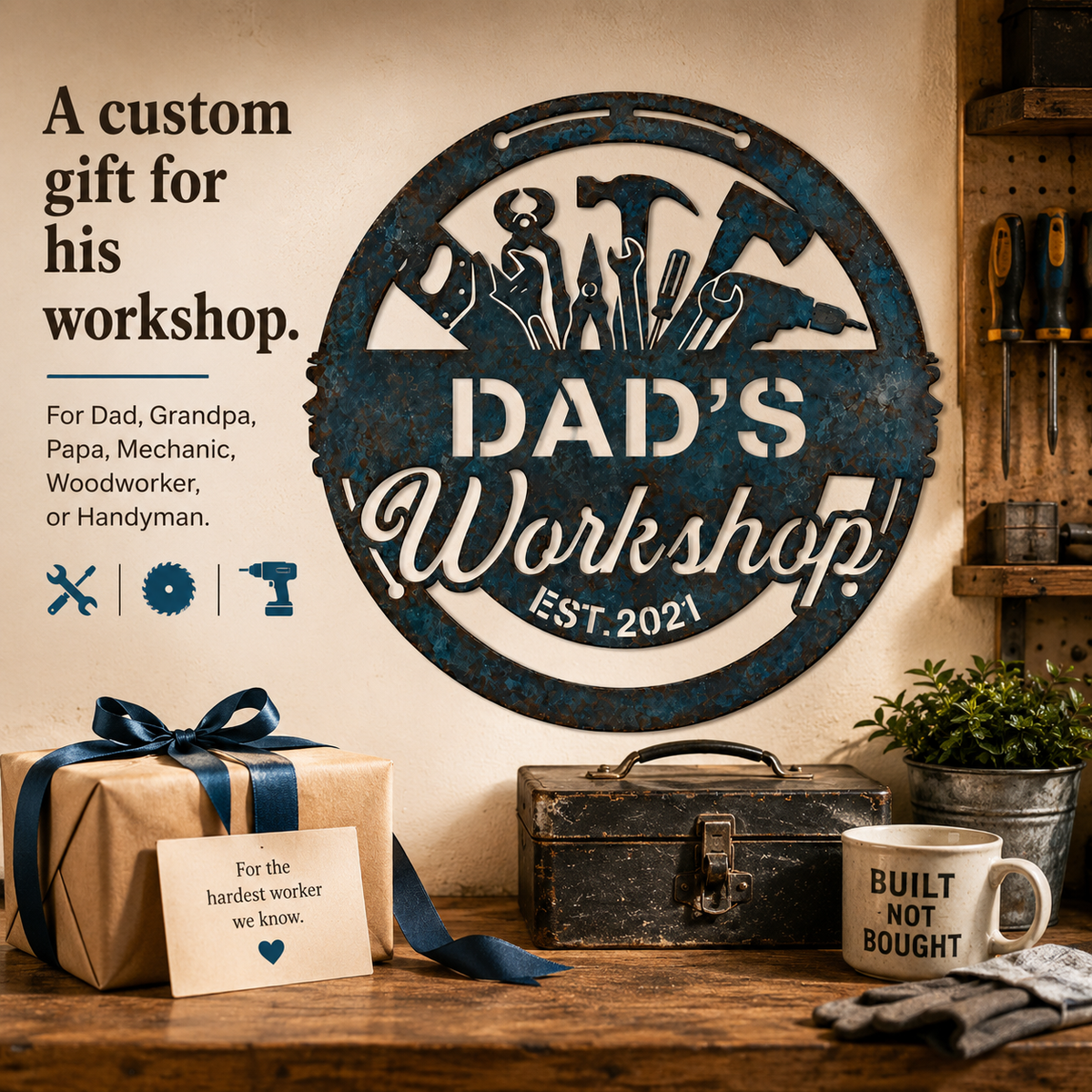 Custom Blue Rust Workshop Metal Sign, Personalized Name Workshop Wall Decor, Rustic Garage Sign, Optional LED — Andy_15