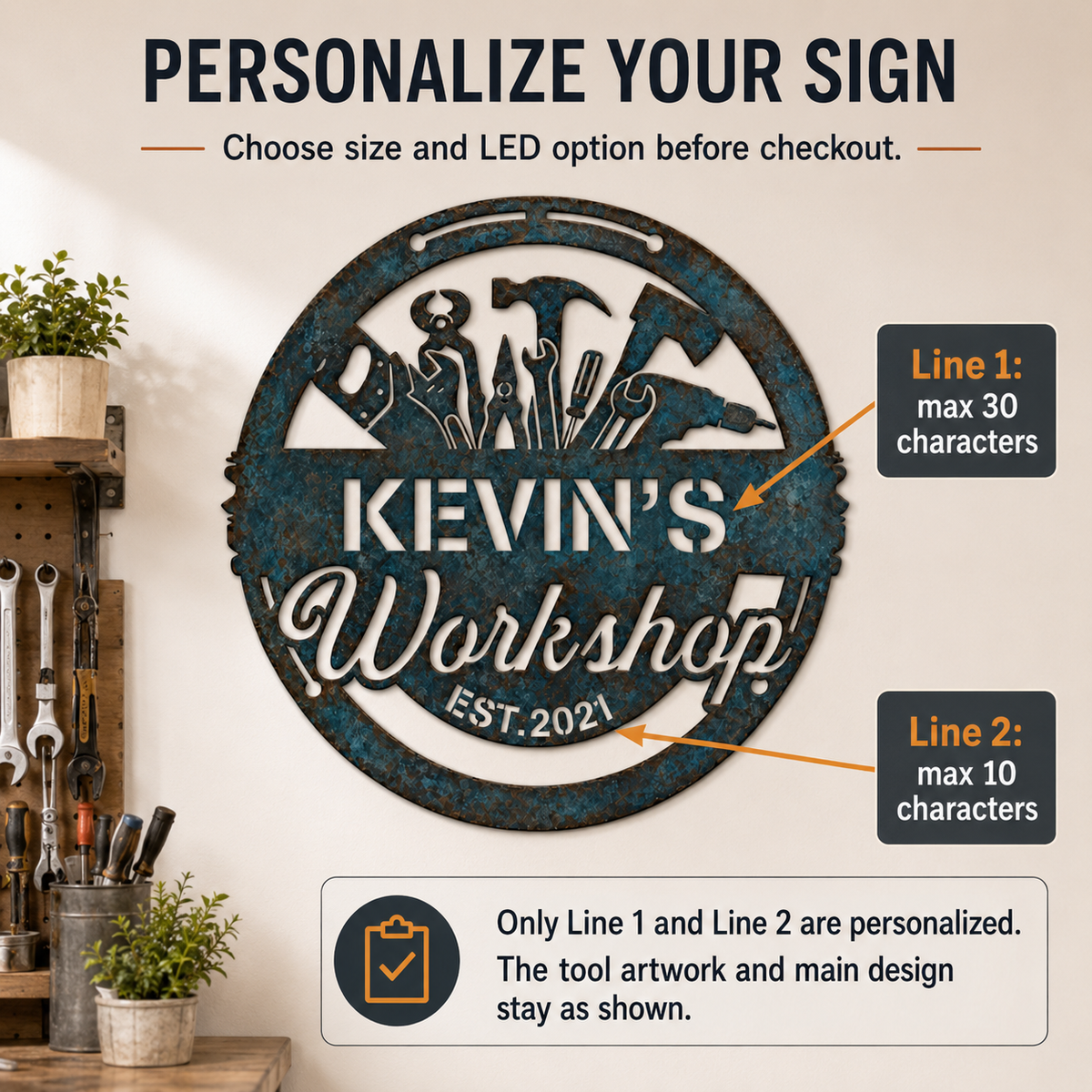Custom Blue Rust Workshop Metal Sign, Personalized Name Workshop Wall Decor, Rustic Garage Sign, Optional LED — Andy_13