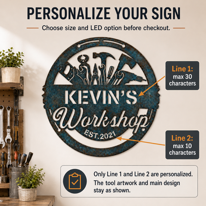 Custom Blue Rust Workshop Metal Sign, Personalized Name Workshop Wall Decor, Rustic Garage Sign, Optional LED — Andy_13