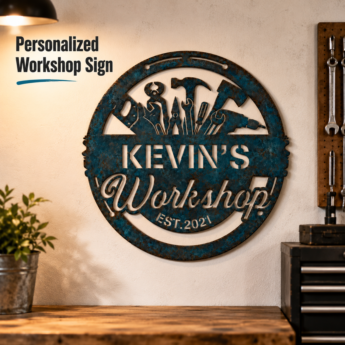 Custom Blue Rust Workshop Metal Sign, Personalized Name Workshop Wall Decor, Rustic Garage Sign, Optional LED — Andy_11