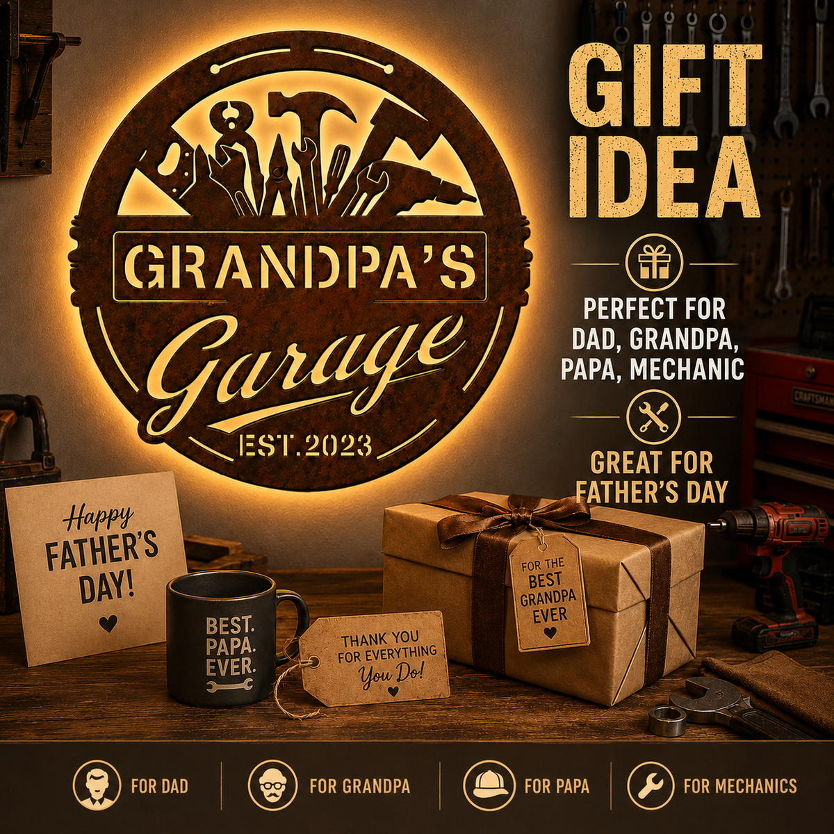 Garage Metal Sign with LED, Personalized Rustic Workshop Wall Decor, Custom Garage Sign Gift for Grandpa, Father's Day gift — andy_14