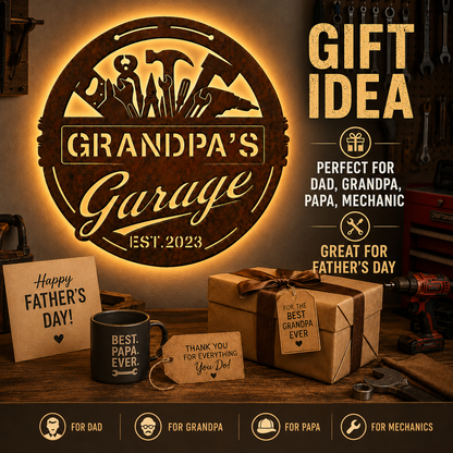Garage Metal Sign with LED, Personalized Rustic Workshop Wall Decor, Custom Garage Sign Gift for Grandpa, Father's Day gift — andy_14