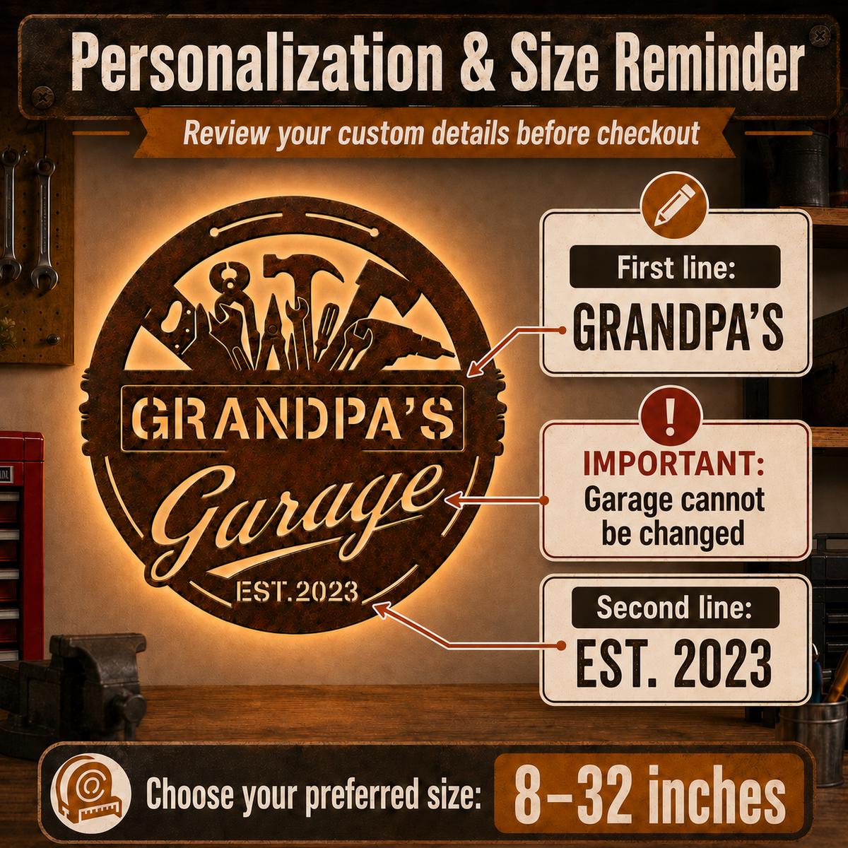 Garage Metal Sign with LED, Personalized Rustic Workshop Wall Decor, Custom Garage Sign Gift for Grandpa, Father's Day gift — andy_12