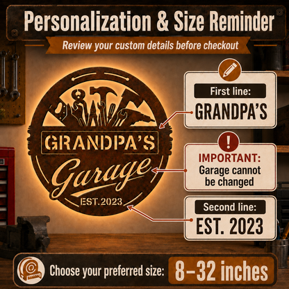 Garage Metal Sign with LED, Personalized Rustic Workshop Wall Decor, Custom Garage Sign Gift for Grandpa, Father's Day gift — andy_12