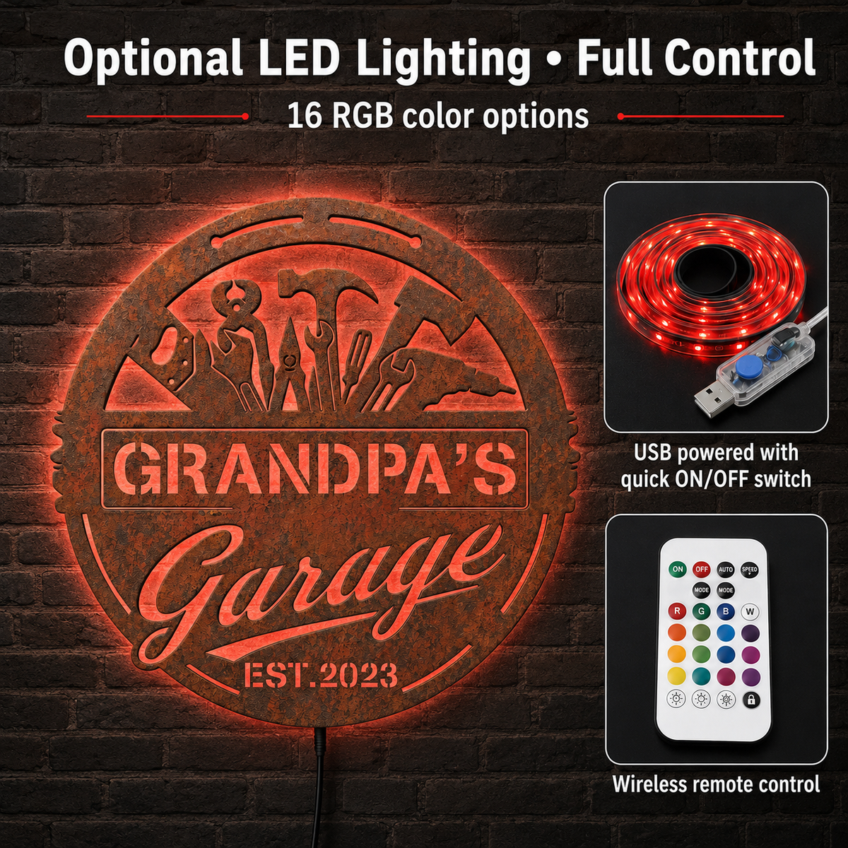 Garage Metal Sign with LED, Personalized Rustic Workshop Wall Decor, Custom Garage Sign Gift for Grandpa, Father's Day gift — main 8