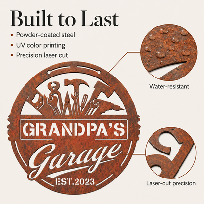 Garage Metal Sign with LED, Personalized Rustic Workshop Wall Decor, Custom Garage Sign Gift for Grandpa, Father's Day gift — main 4