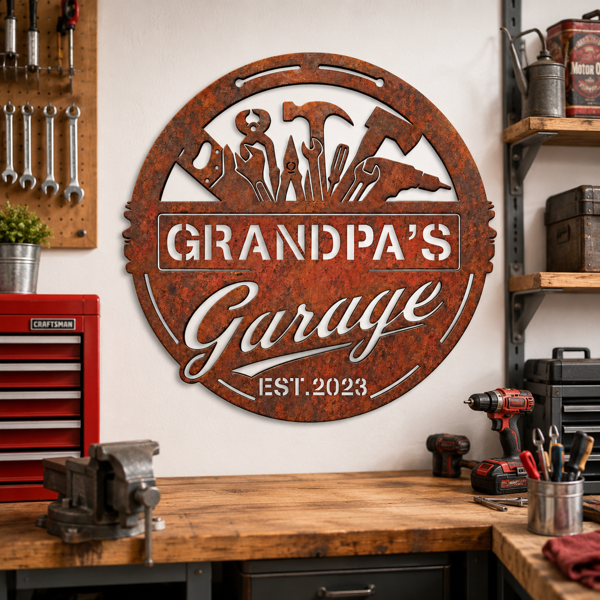 Garage Metal Sign with LED, Personalized Rustic Workshop Wall Decor, Custom Garage Sign Gift for Grandpa, Father's Day gift — main 2