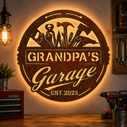 Garage Metal Sign with LED, Personalized Rustic Workshop Wall Decor, Custom Garage Sign Gift for Grandpa, Father's Day gift — andy_11