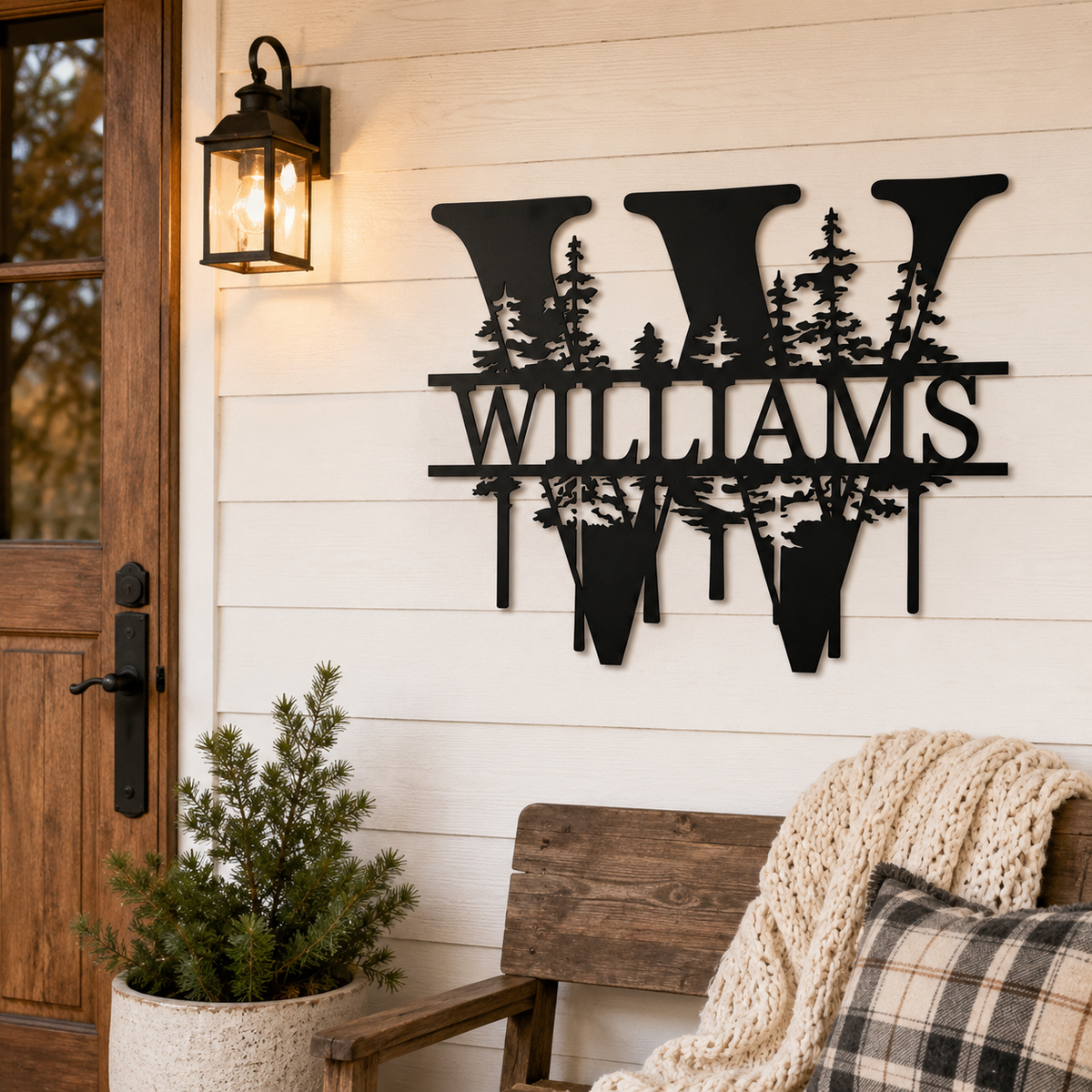 Personalized Monogram Metal Sign, Custom Family Name Wall Decor, Pine Tree Letter Sign, Cabin Porch Outdoor Housewarming Gift — main 11
