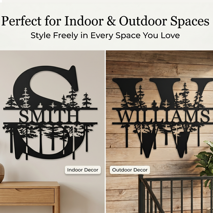 Personalized Monogram Metal Sign, Custom Family Name Wall Decor, Pine Tree Letter Sign, Cabin Porch Outdoor Housewarming Gift — main 10
