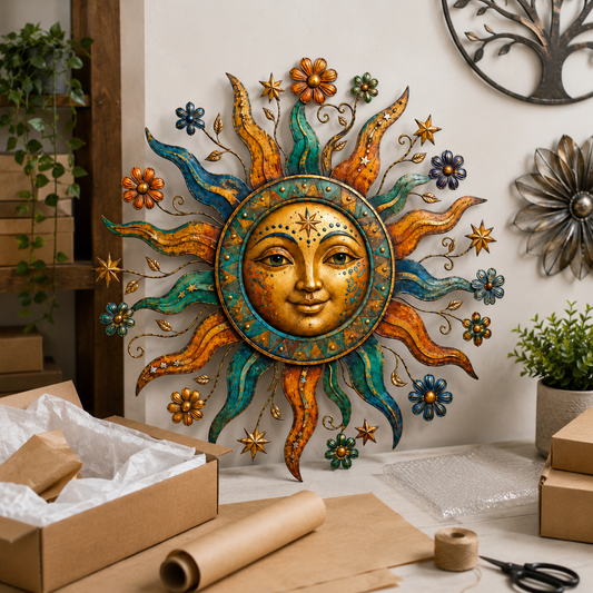 Colorful floral sun metal wall art with orange, gold and teal rays, flowers and stars.