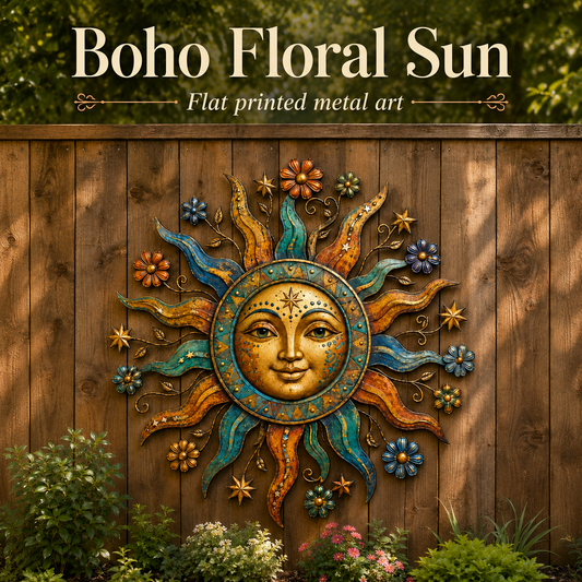 Colorful floral sun metal wall art with orange, gold and teal rays, flowers and stars.