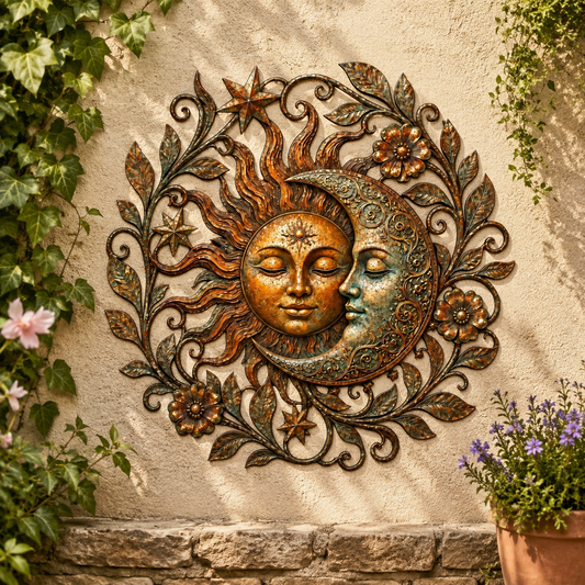Sun Moon Art Metal Sign, Celestial Yard Decor, Outdoor Garden Wall Art, Rustic Sun Moon Wall Decor, Patio Metal Sign