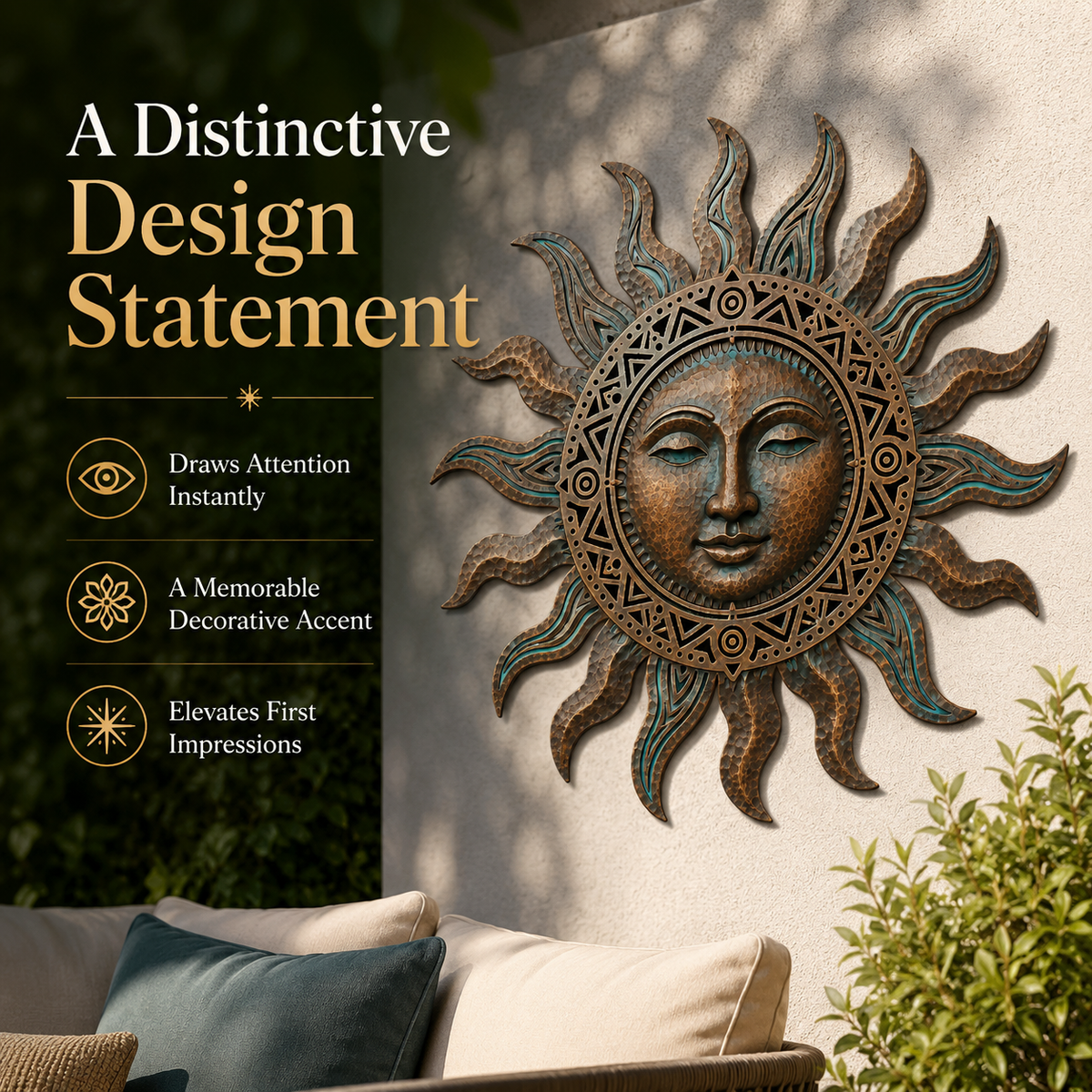 Rustic Sun Face Metal Wall Art, Sun Wall Decor for Garden Fence, Patio, Boho Southwest Backyard Gift — main 4