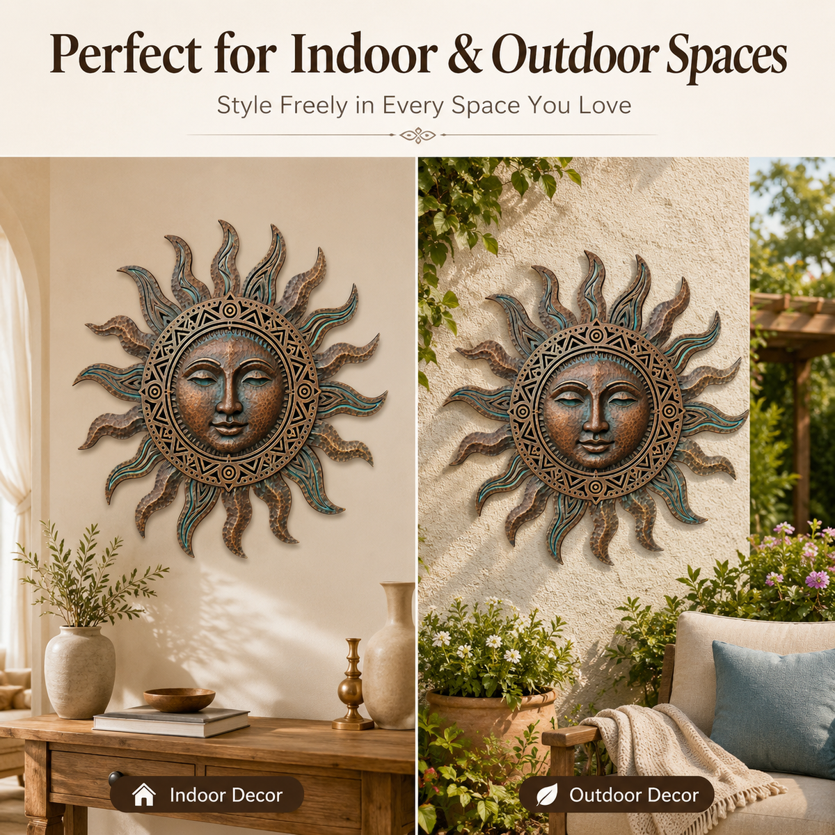 Rustic Sun Face Metal Wall Art, Sun Wall Decor for Garden Fence, Patio, Boho Southwest Backyard Gift — main 6