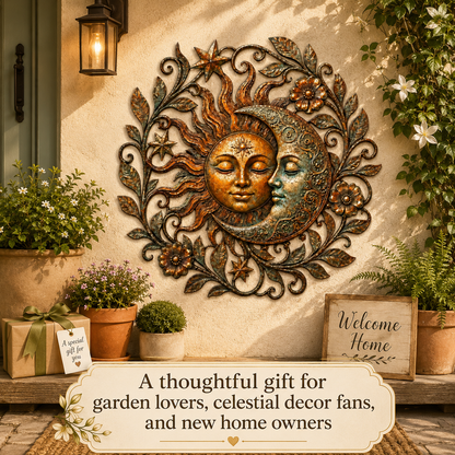 Sun Moon Art Metal Sign, Celestial Yard Decor, Outdoor Garden Wall Art, Rustic Sun Moon Wall Decor, Patio Metal Sign — Main 14