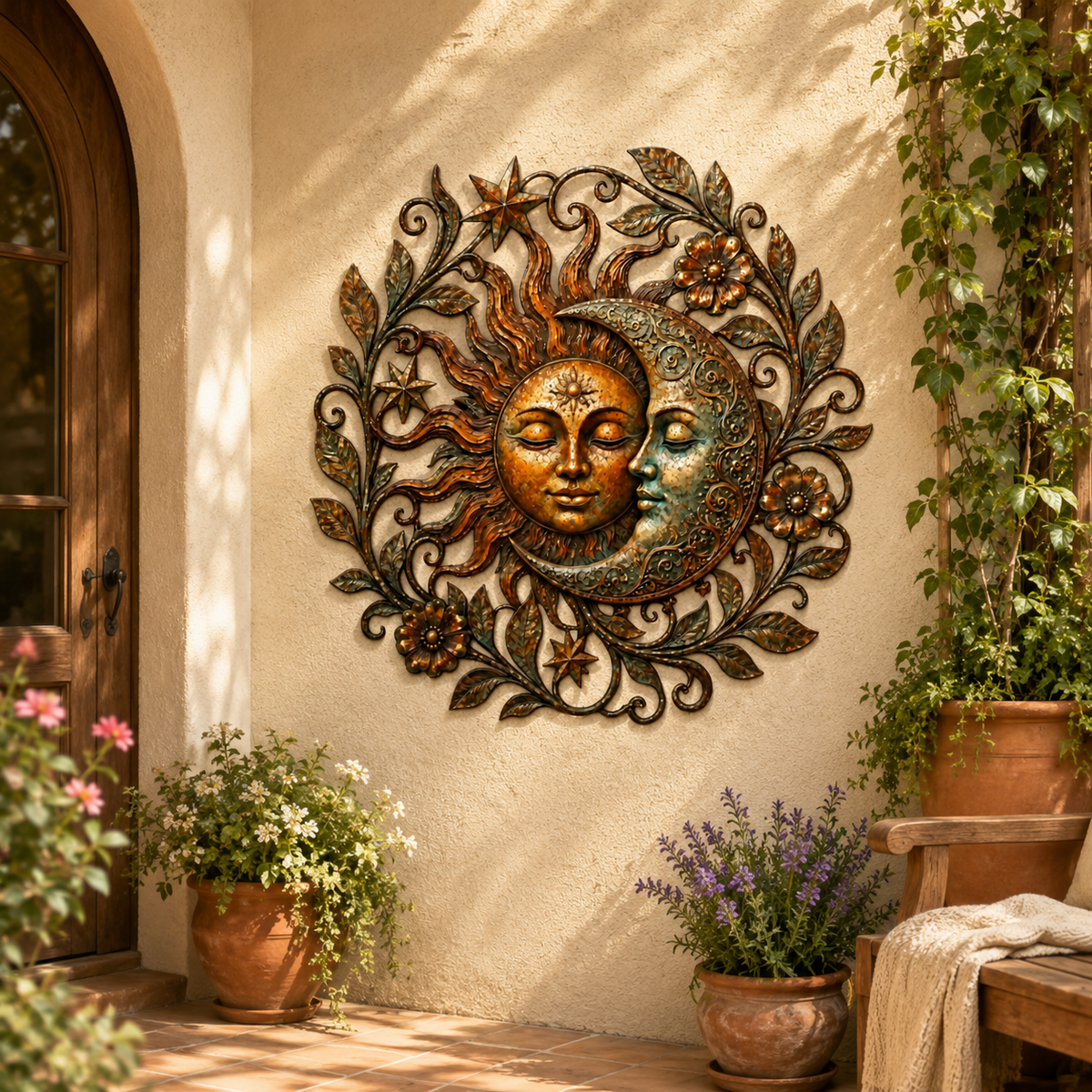 Sun Moon Art Metal Sign, Celestial Yard Decor, Outdoor Garden Wall Art, Rustic Sun Moon Wall Decor, Patio Metal Sign — Main 12