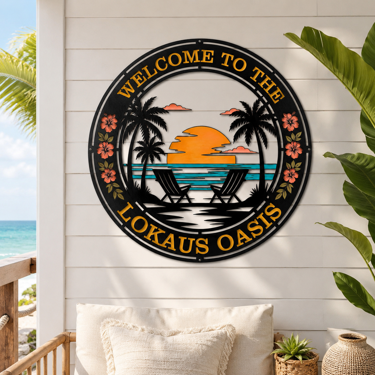 Backyard Oasis Sign — Metal Lake Wall Art, Outdoor/Indoor Decor; Sizes 8–46 in, Optional LED Lighting — 1