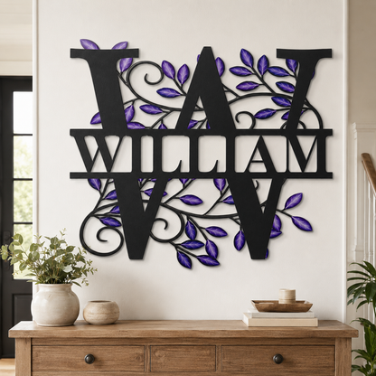 Custom Monogram Metal Sign, Letter Metal Wall Art with Purple Leaves, Personalized Family Name Sign, Outdoor Decor, LED Option, 8-46 in