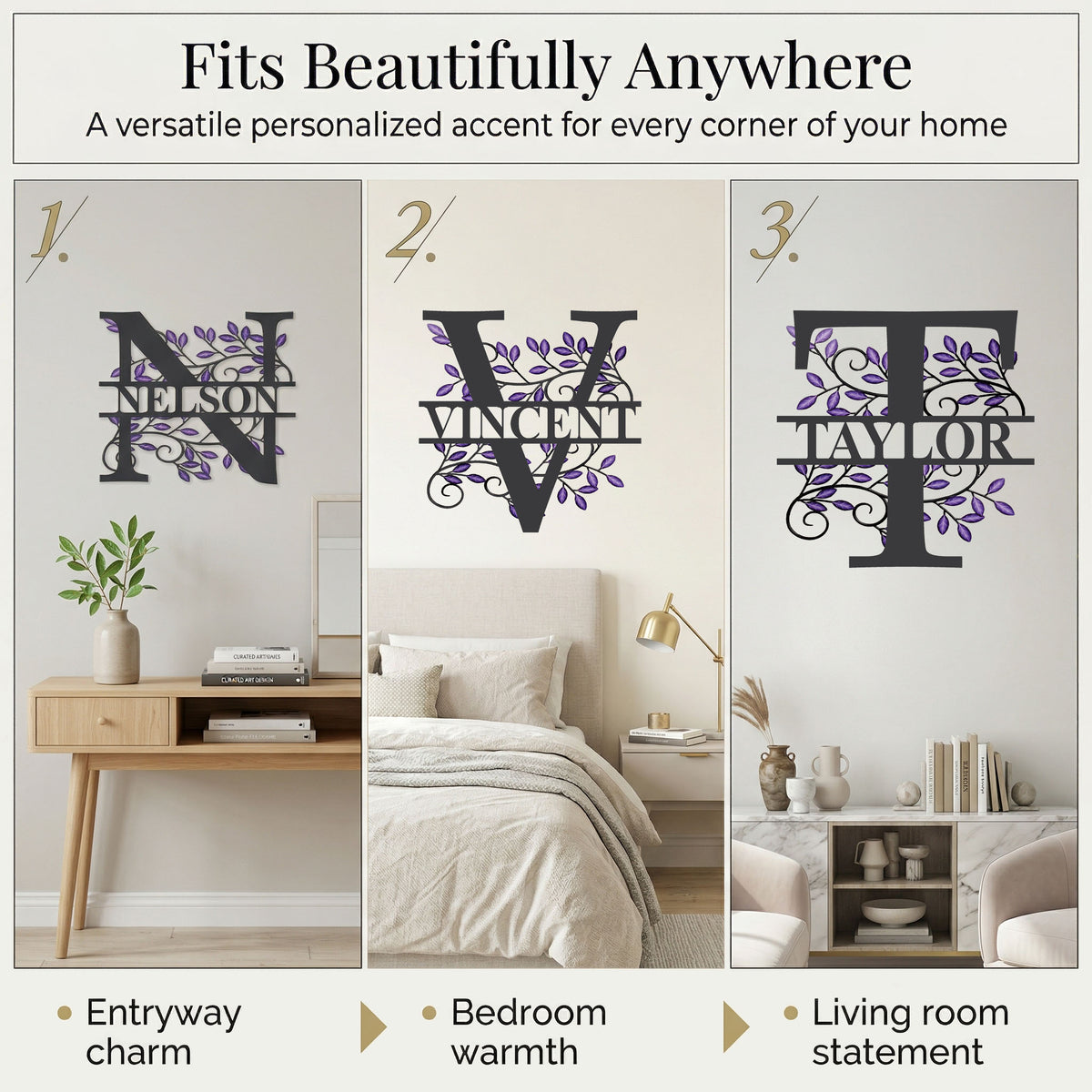 Custom Monogram Metal Sign, Letter Metal Wall Art with Purple Leaves, Personalized Family Name Sign, Outdoor Decor, LED Option, 8-46 in — main 4