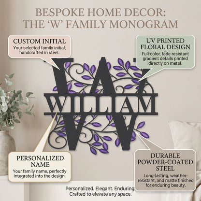 Custom Monogram Metal Sign, Letter Metal Wall Art with Purple Leaves, Personalized Family Name Sign, Outdoor Decor, LED Option, 8-46 in — main 5