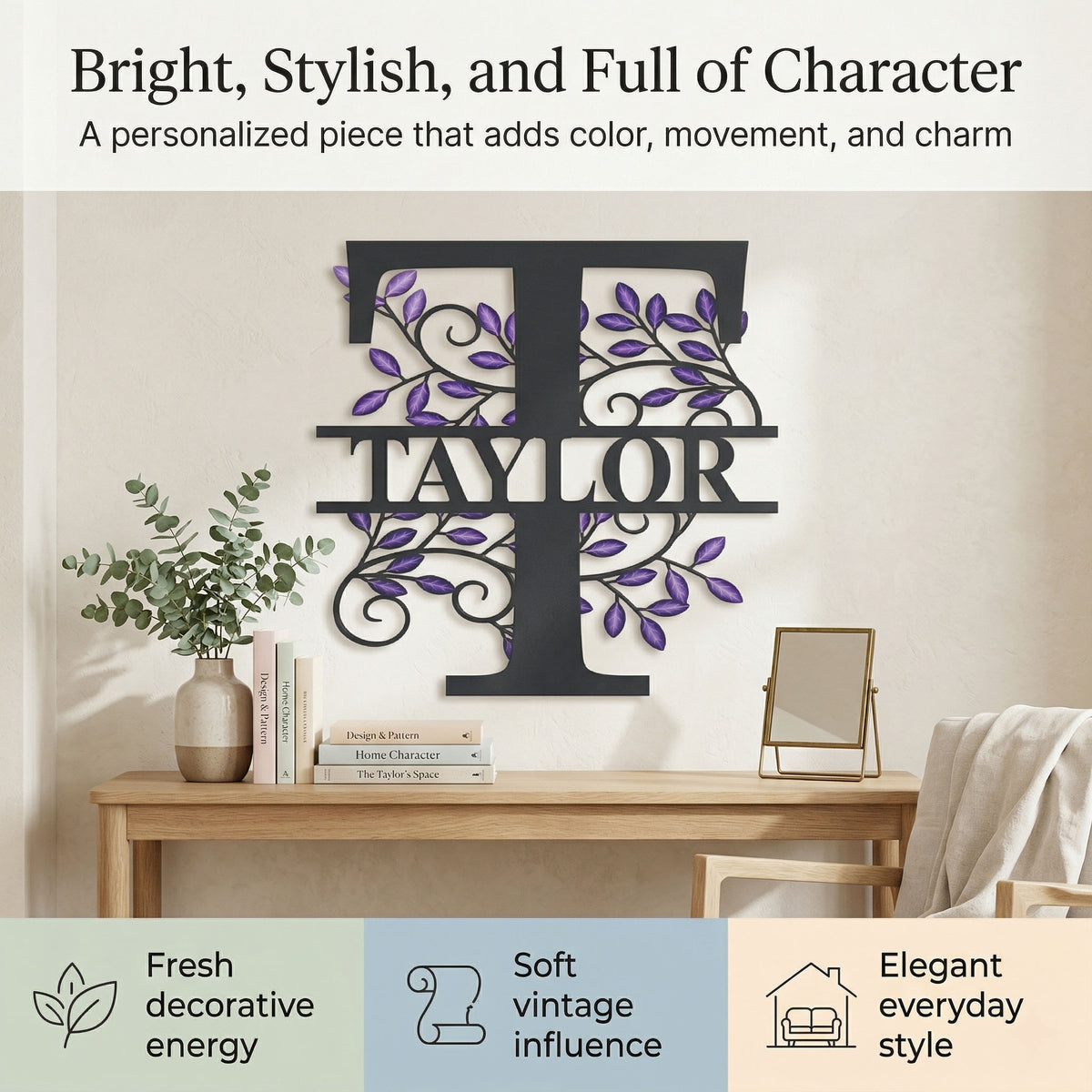 Custom Monogram Metal Sign, Letter Metal Wall Art with Purple Leaves, Personalized Family Name Sign, Outdoor Decor, LED Option, 8-46 in — main 6