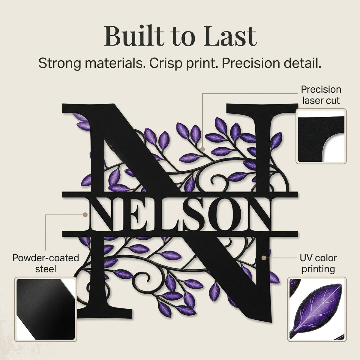 Custom Monogram Metal Sign, Letter Metal Wall Art with Purple Leaves, Personalized Family Name Sign, Outdoor Decor, LED Option, 8-46 in — main 3