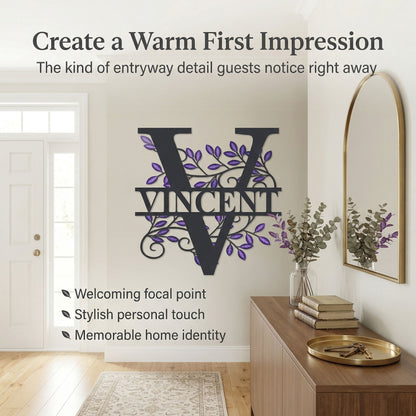 Custom Monogram Metal Sign, Letter Metal Wall Art with Purple Leaves, Personalized Family Name Sign, Outdoor Decor, LED Option, 8-46 in — main 2