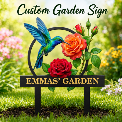 Personalized Hummingbird Garden Stake Custom Garden Sign Rose Metal Yard Art Gardener Gift Outdoor Garden Decor