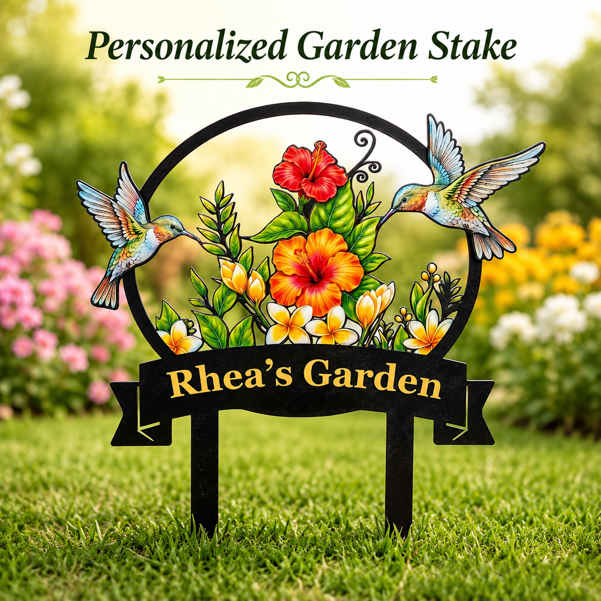 Personalized Hummingbird Garden Stake Tropical Hibiscus Metal Yard Art Custom Garden Sign Gardener Gift for Mom