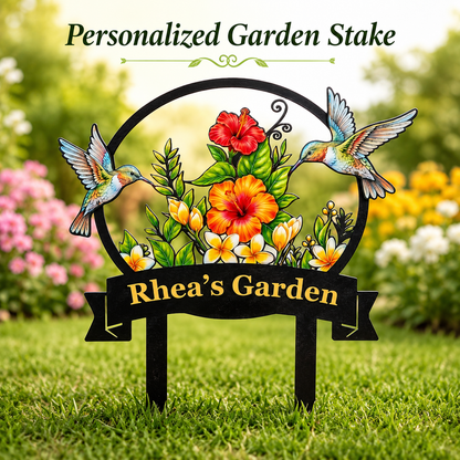 Personalized Hummingbird Garden Stake Tropical Hibiscus Metal Yard Art Custom Garden Sign Gardener Gift for Mom
