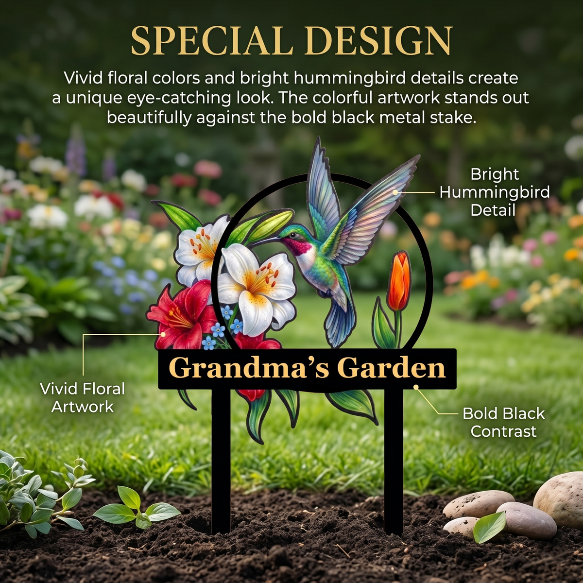 Hummingbird Lily Metal Garden Stake Personalized Grandma Garden Sign Floral Yard Art Gardening Gift for Grandma Mother's Day Gift — main 2