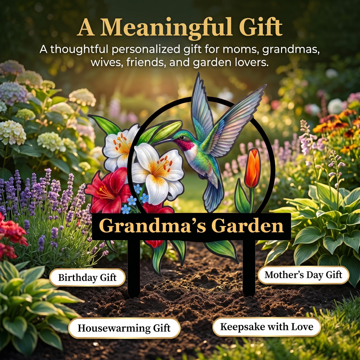 Hummingbird Lily Metal Garden Stake Personalized Grandma Garden Sign Floral Yard Art Gardening Gift for Grandma Mother's Day Gift — main 4