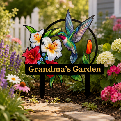 Hummingbird Lily Metal Garden Stake Personalized Grandma Garden Sign Floral Yard Art Gardening Gift for Grandma Mother's Day Gift — new main