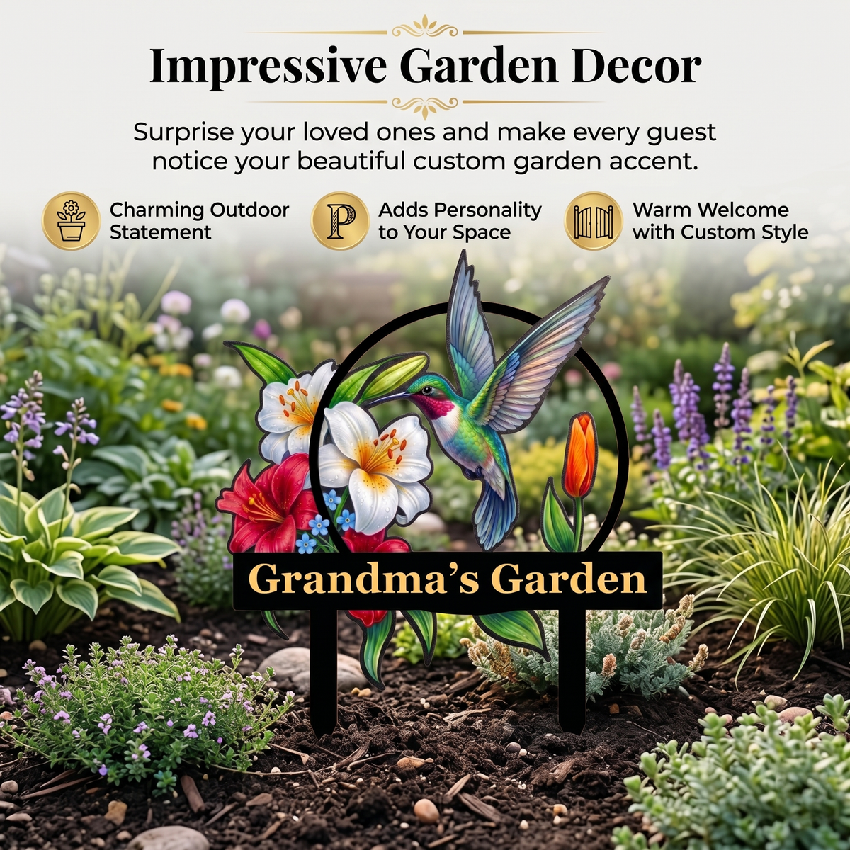 Hummingbird Lily Metal Garden Stake Personalized Grandma Garden Sign Floral Yard Art Gardening Gift for Grandma Mother's Day Gift — main 3