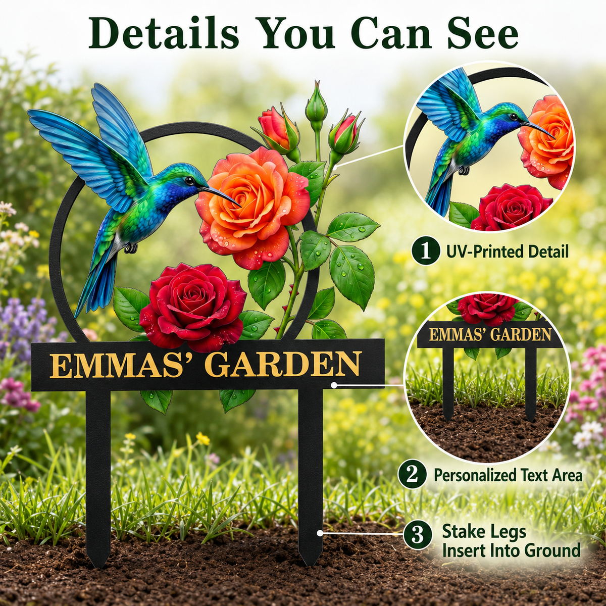 Personalized Hummingbird Garden Stake Custom Garden Sign Rose Metal Yard Art Gardener Gift Outdoor Garden Decor — Main_02