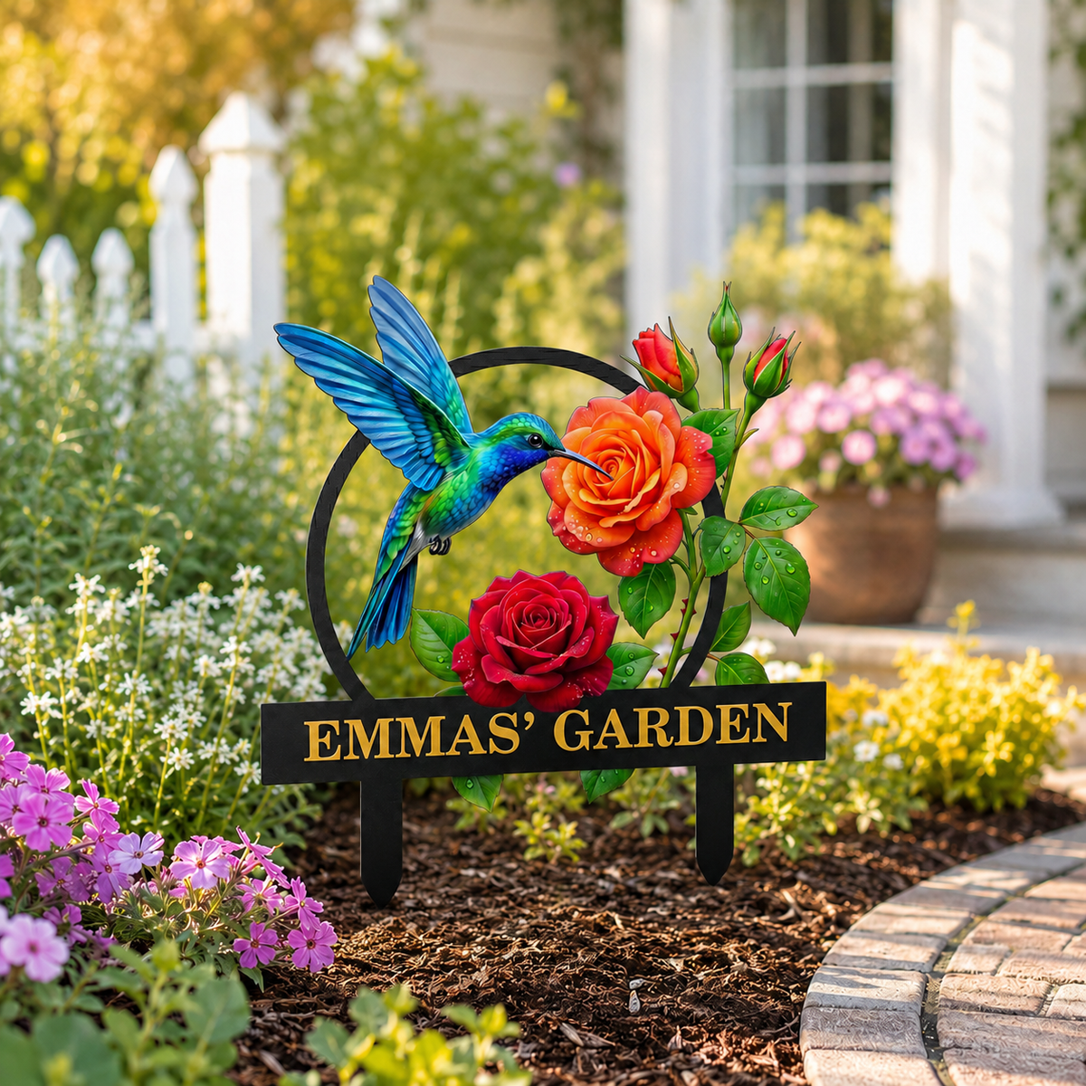 Personalized Hummingbird Garden Stake Custom Garden Sign Rose Metal Yard Art Gardener Gift Outdoor Garden Decor — new main