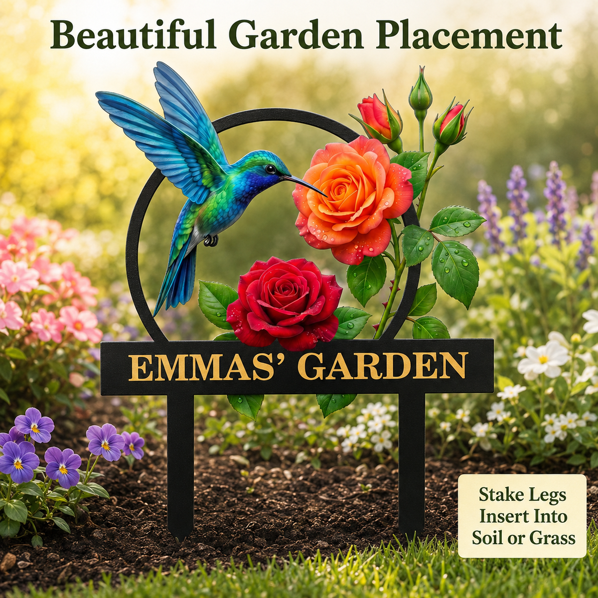 Personalized Hummingbird Garden Stake Custom Garden Sign Rose Metal Yard Art Gardener Gift Outdoor Garden Decor — Main_07