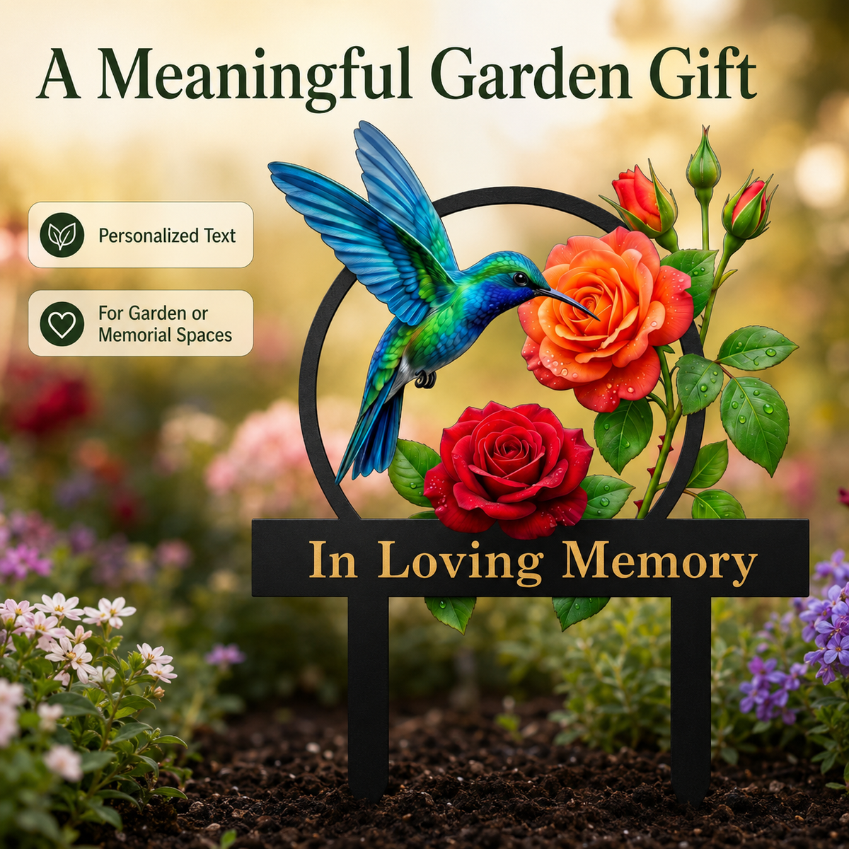 Personalized Hummingbird Garden Stake Custom Garden Sign Rose Metal Yard Art Gardener Gift Outdoor Garden Decor — Main_06