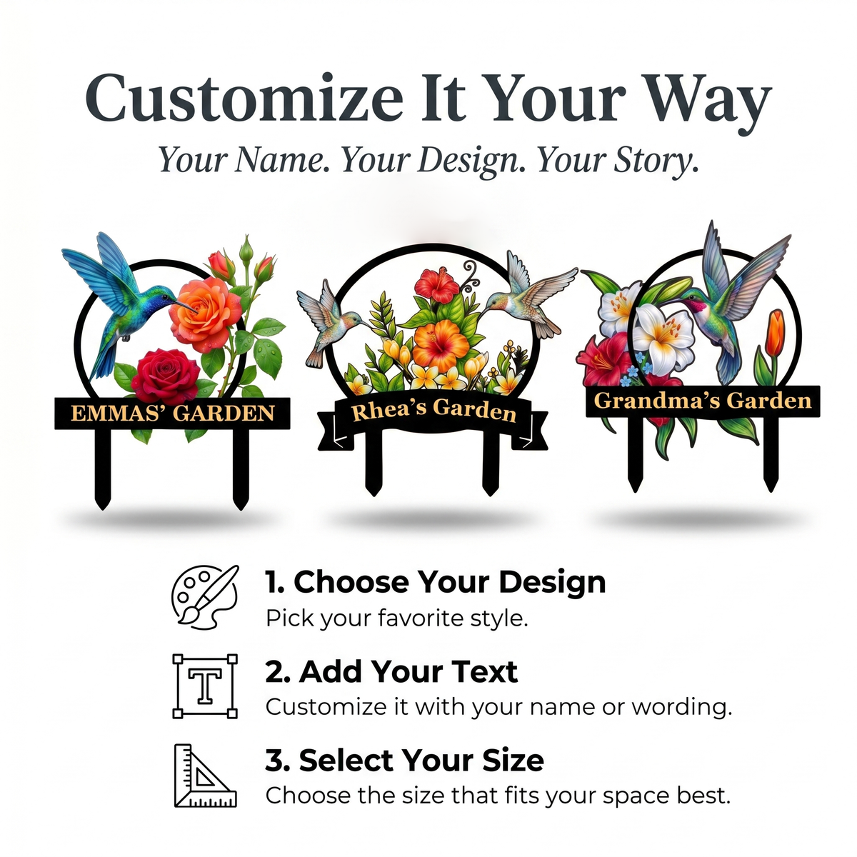 Personalized Hummingbird Garden Stake Custom Garden Sign Rose Metal Yard Art Gardener Gift Outdoor Garden Decor — main 1