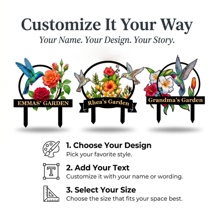 Personalized Hummingbird Garden Stake Custom Garden Sign Rose Metal Yard Art Gardener Gift Outdoor Garden Decor — main 1