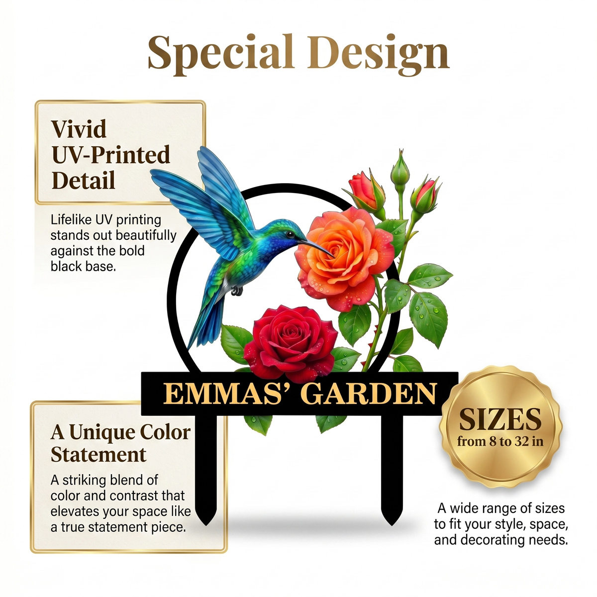 Personalized Hummingbird Garden Stake Custom Garden Sign Rose Metal Yard Art Gardener Gift Outdoor Garden Decor — main 8