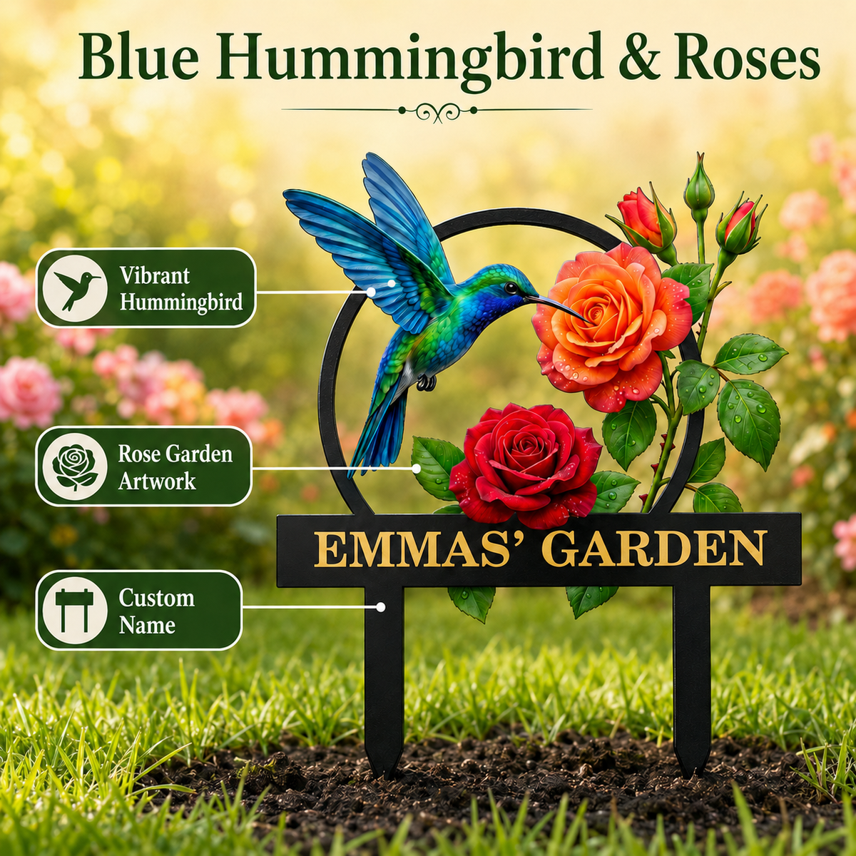 Personalized Hummingbird Garden Stake Custom Garden Sign Rose Metal Yard Art Gardener Gift Outdoor Garden Decor — Main_04