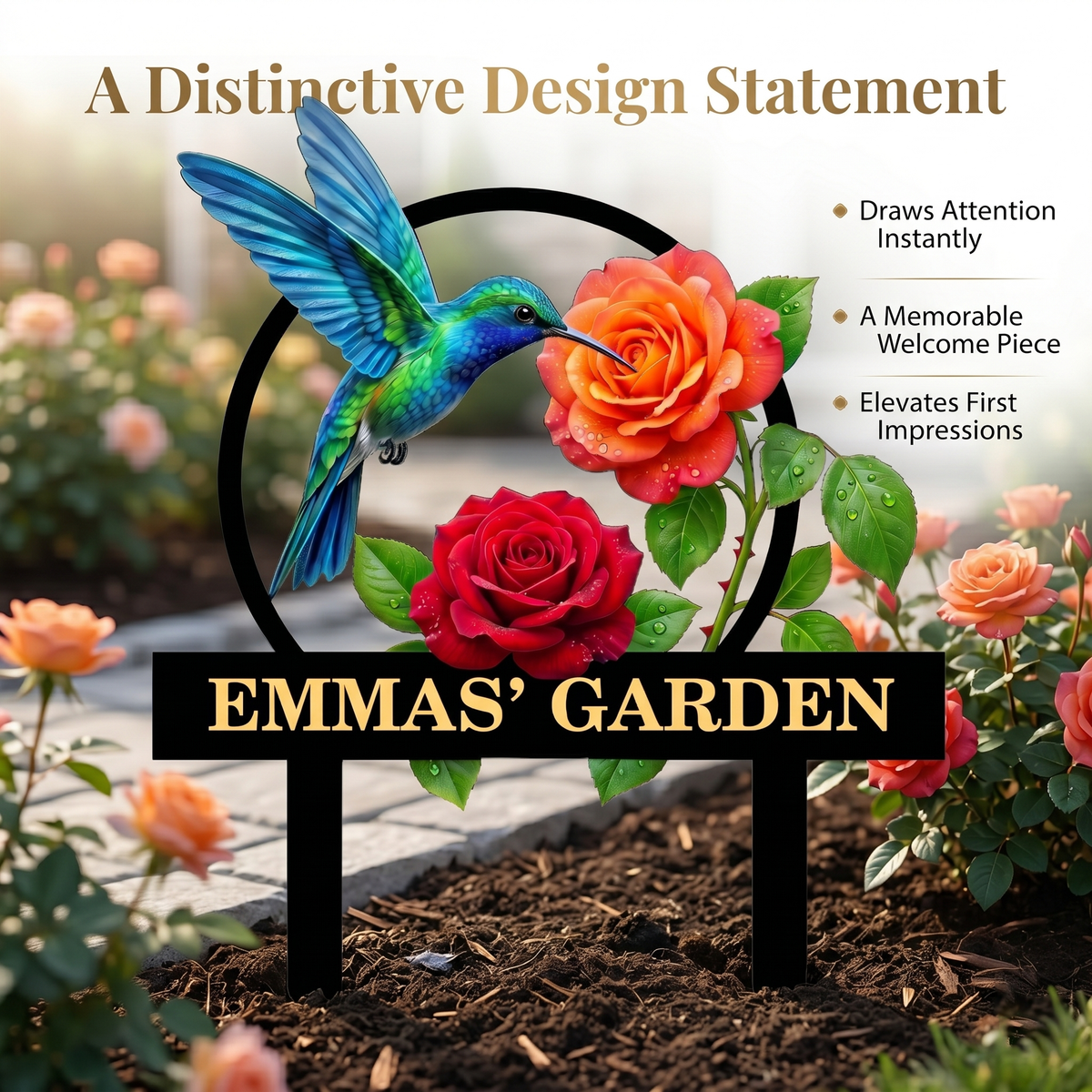 Personalized Hummingbird Garden Stake Custom Garden Sign Rose Metal Yard Art Gardener Gift Outdoor Garden Decor — main 3