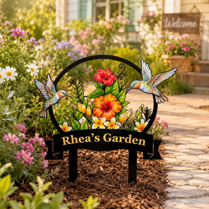Personalized Hummingbird Garden Stake Tropical Hibiscus Metal Yard Art Custom Garden Sign Gardener Gift for Mom — new main