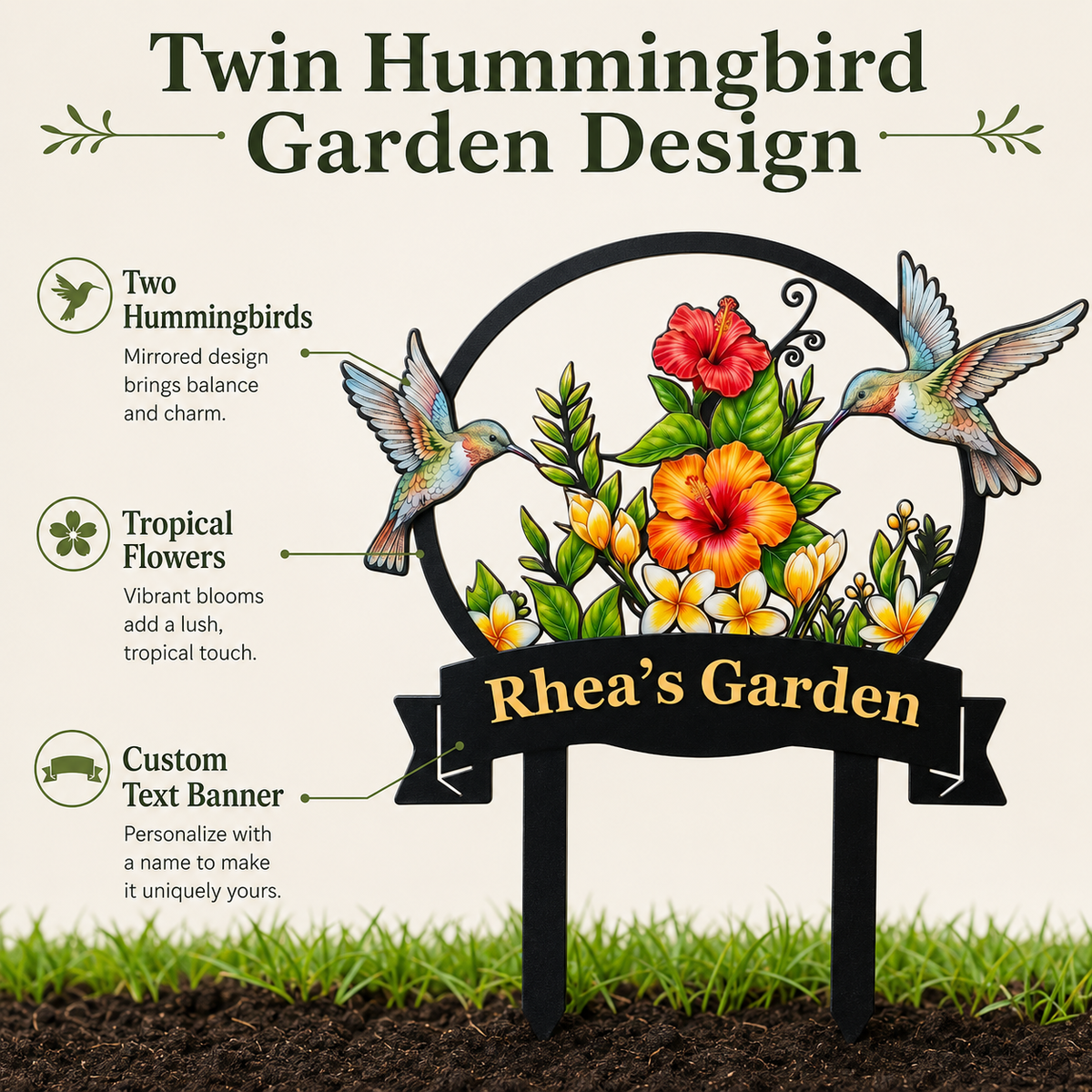 Personalized Hummingbird Garden Stake Tropical Hibiscus Metal Yard Art Custom Garden Sign Gardener Gift for Mom — Main_04
